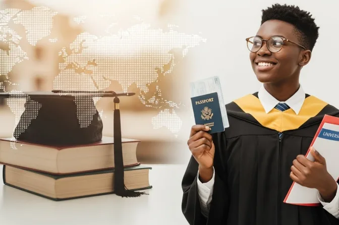 Visa application success celebration with student